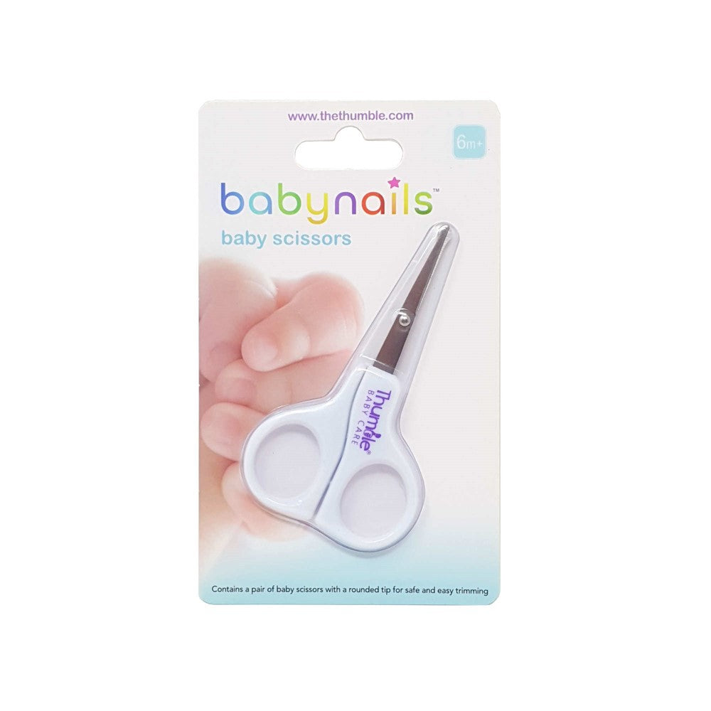 Baby Nails rounded-tip baby scissors on blister card packaging by Thumble Baby Care.