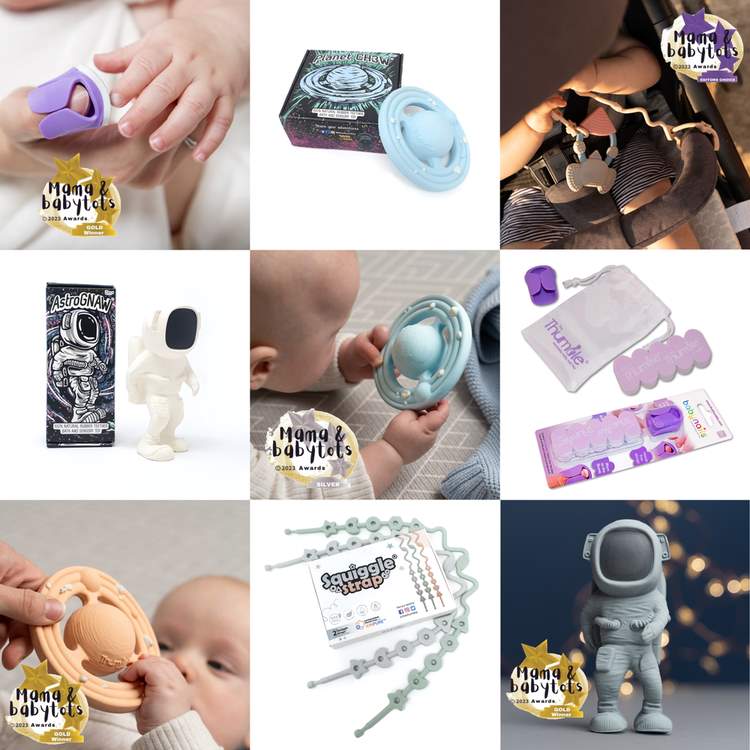 Collage of Thumble Baby Care products including AstroGNAW, OrBITEr, Planet CH3W and Squiggle Strap with Mama & babytots 2023 awards.