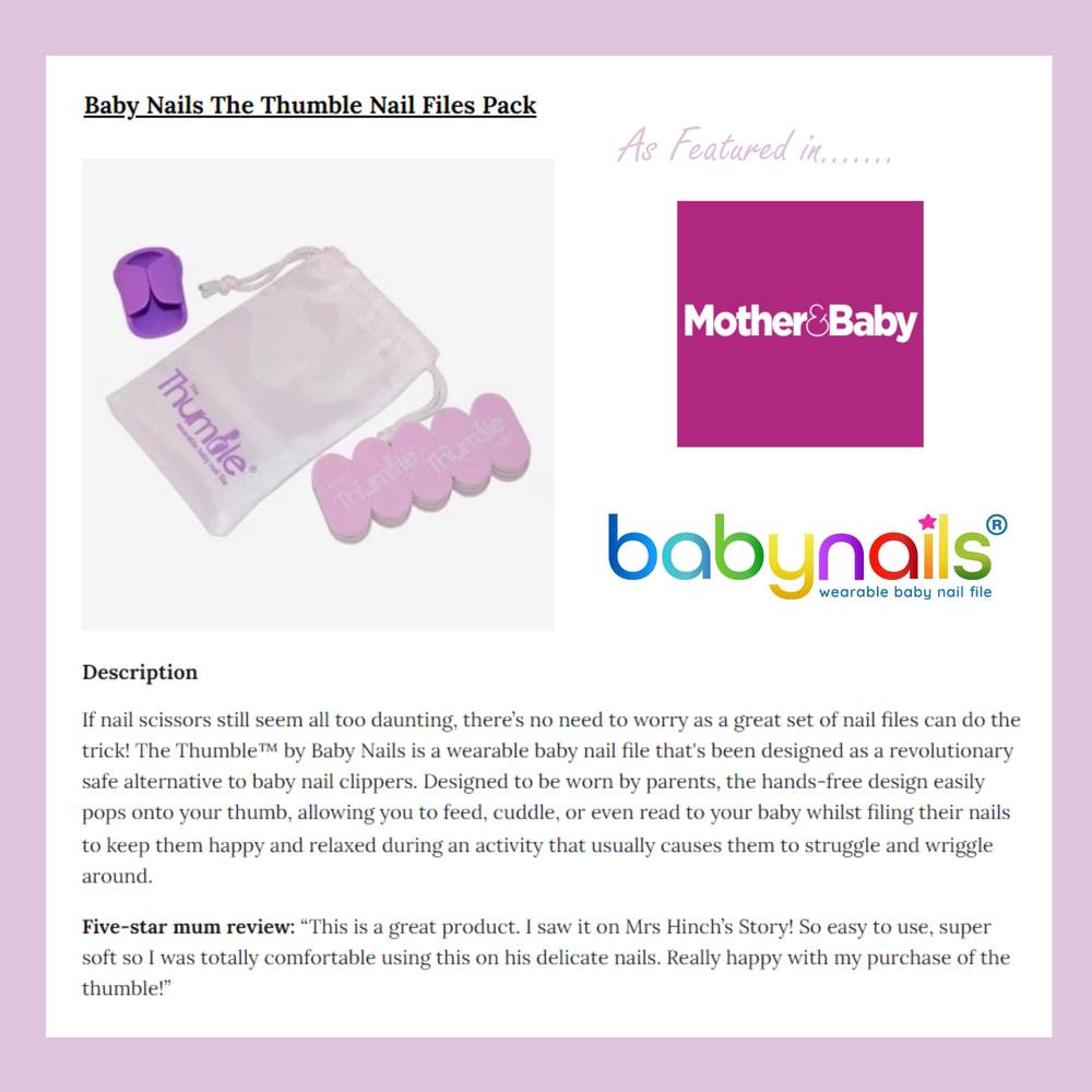 Baby Nails The Thumble pack graphic as featured in Mother & Baby, by Thumble Baby Care.