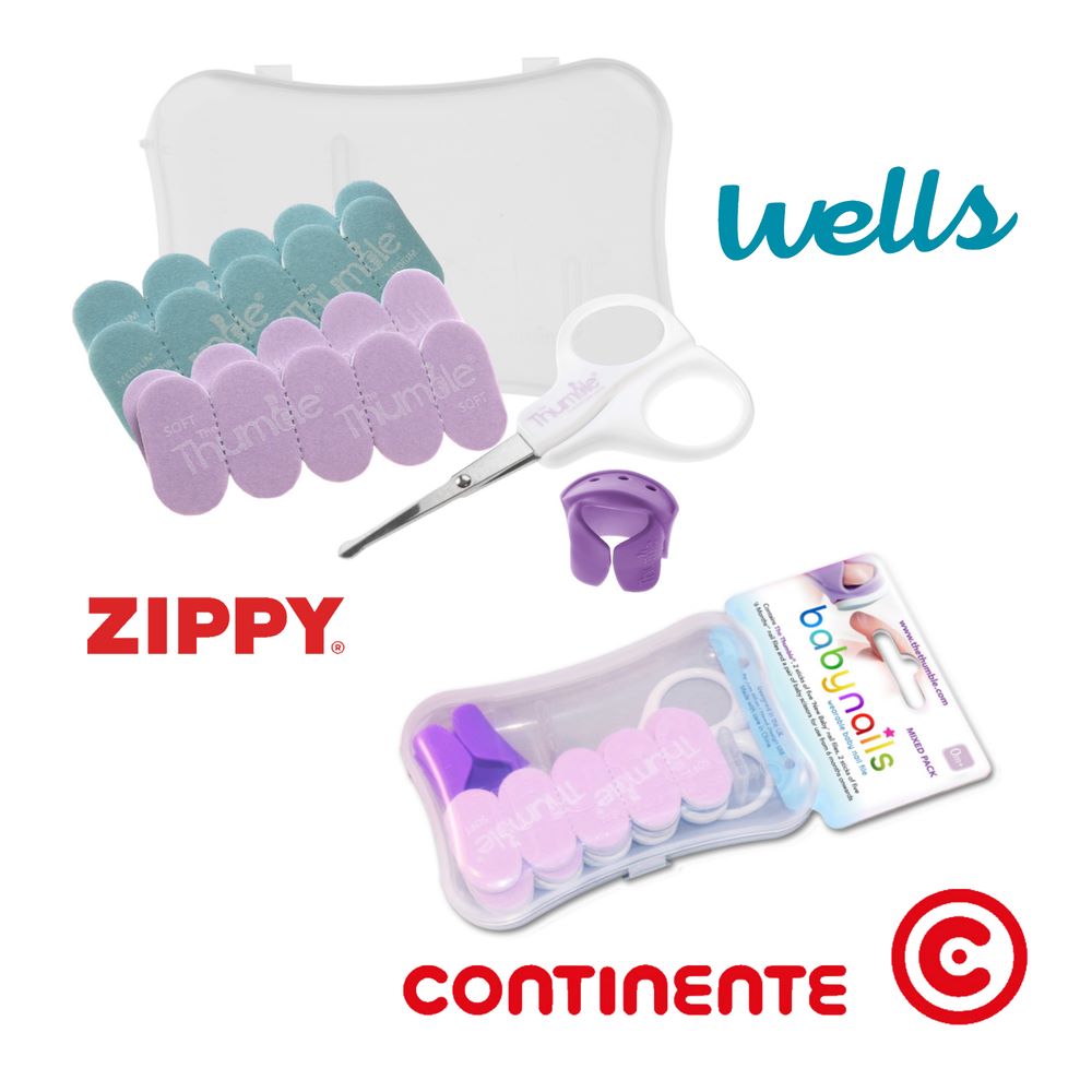 Baby Nails Mixed Pack with soft and medium files, scissors and Thumble, plus Wells, Zippy and Continente logos, by Thumble Baby Care.