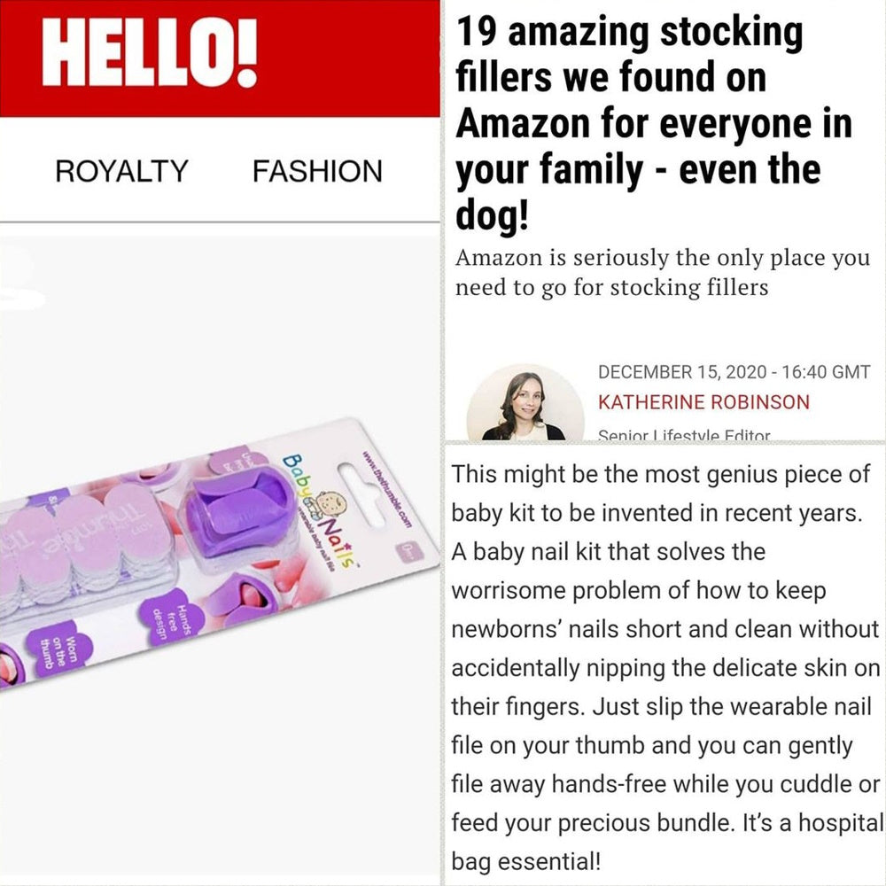 HELLO! stocking-filler feature recommending Baby Nails The Thumble by Thumble Baby Care.