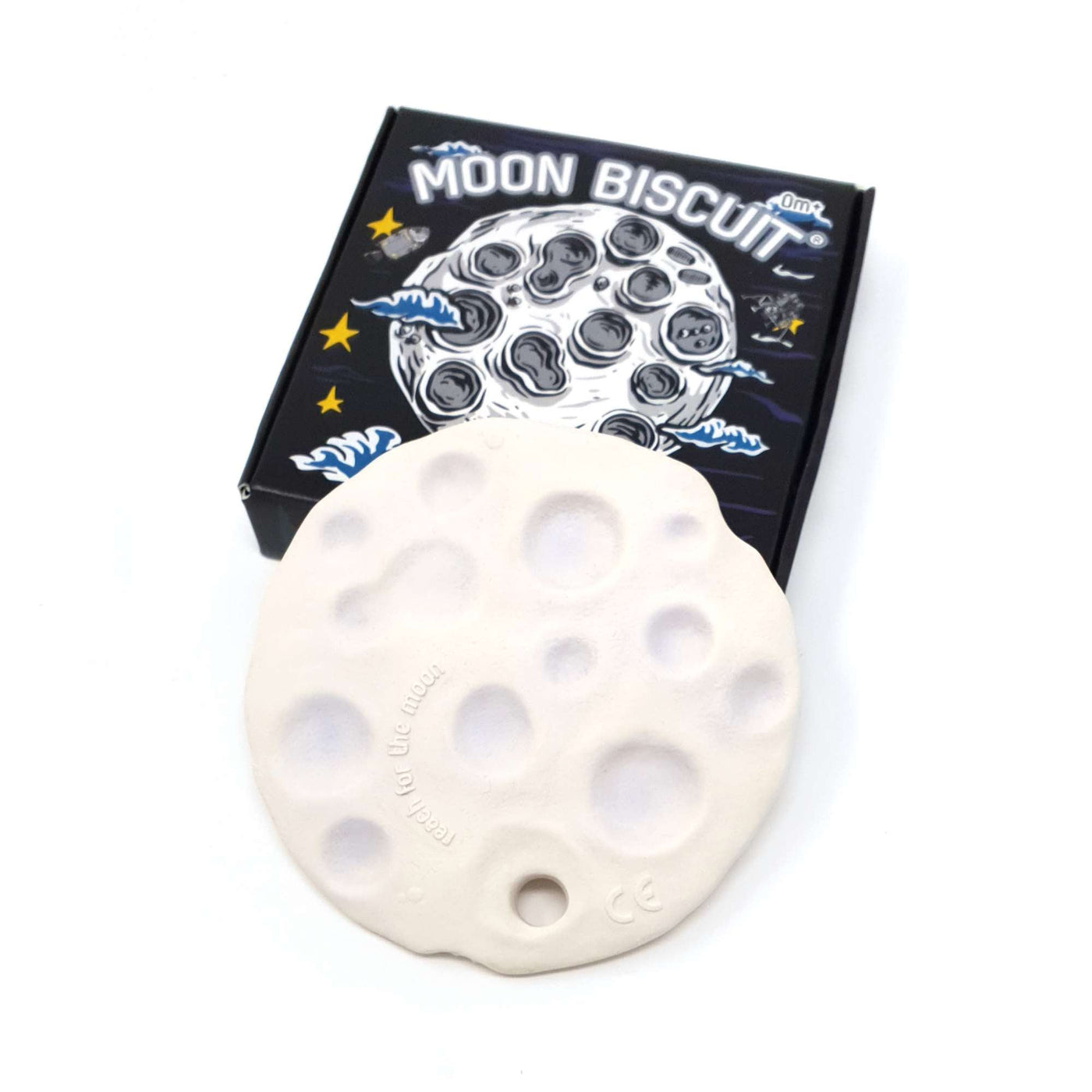 Moon Biscuit Natural Rubber Space Toy rear side with box by Thumble Baby Care