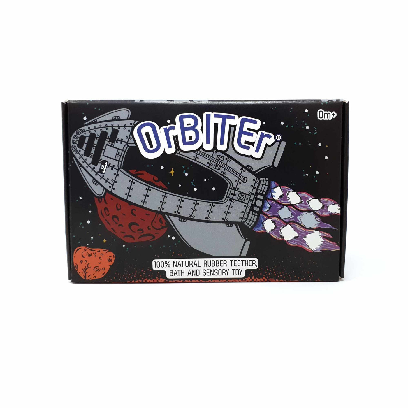 OrBITEr Rocket Shaped Natural Rubber Space Toy outside box by Thumble Baby Care